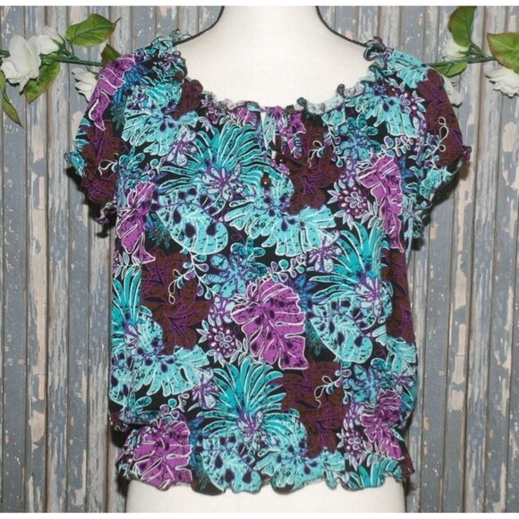 Lori Michaels Colorful Palm Print Top Blouse Size S Crop Short Sleeve Elastic Wa - Picture 1 of 10